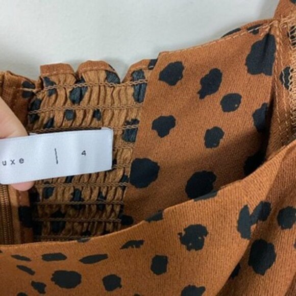 JL Luxe Kourt Cheetah Animal Print Midi Dress Womens 4 Brown Square Neck Smocked - Picture 5 of 9